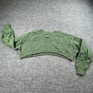 Etiquette Cropped Cable Knit Sweater Womens S Green Chunky Aran Pullover